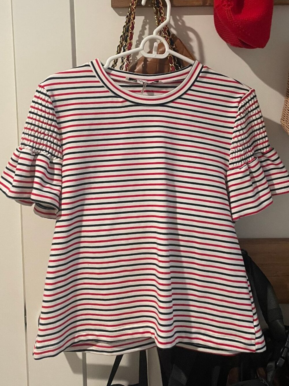 English Factory Lauren Smocked Tee, Ruffle Sleeve, Red White Blue Stripe, Small